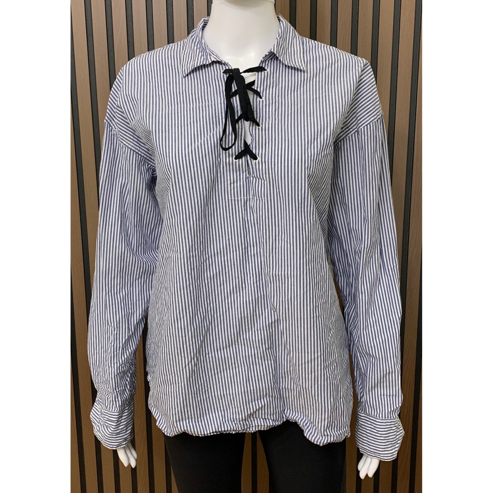 Gap Women's Blue White Striped Lace Up Velvet Tie Cotton Blouse Long Sleeve M
